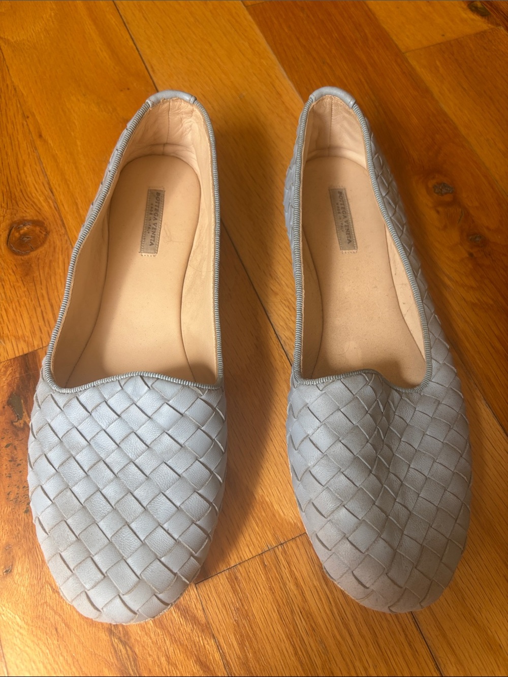 Bottega Veneta Light Gray Woven Leather Slip-On Flats